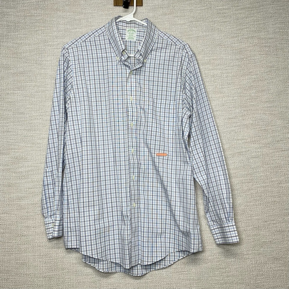 Brooks Brothers Shirt 16 33 Mens L/S Button Down Milano Blue White Gray Plaid - Picture 2 of 8
